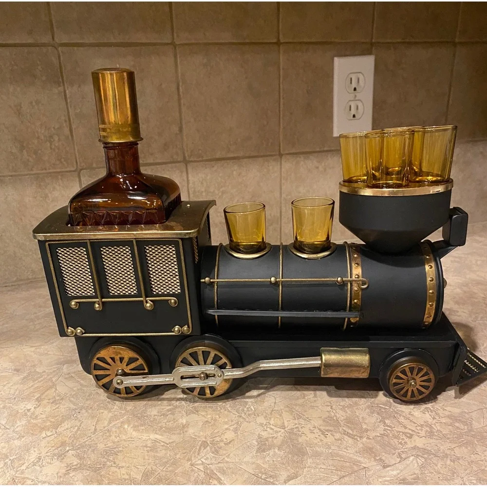 VTG‎ 1880 Iron Horse Train Decanter Amber Glass Shot Glasses Barware 7pc WORKS